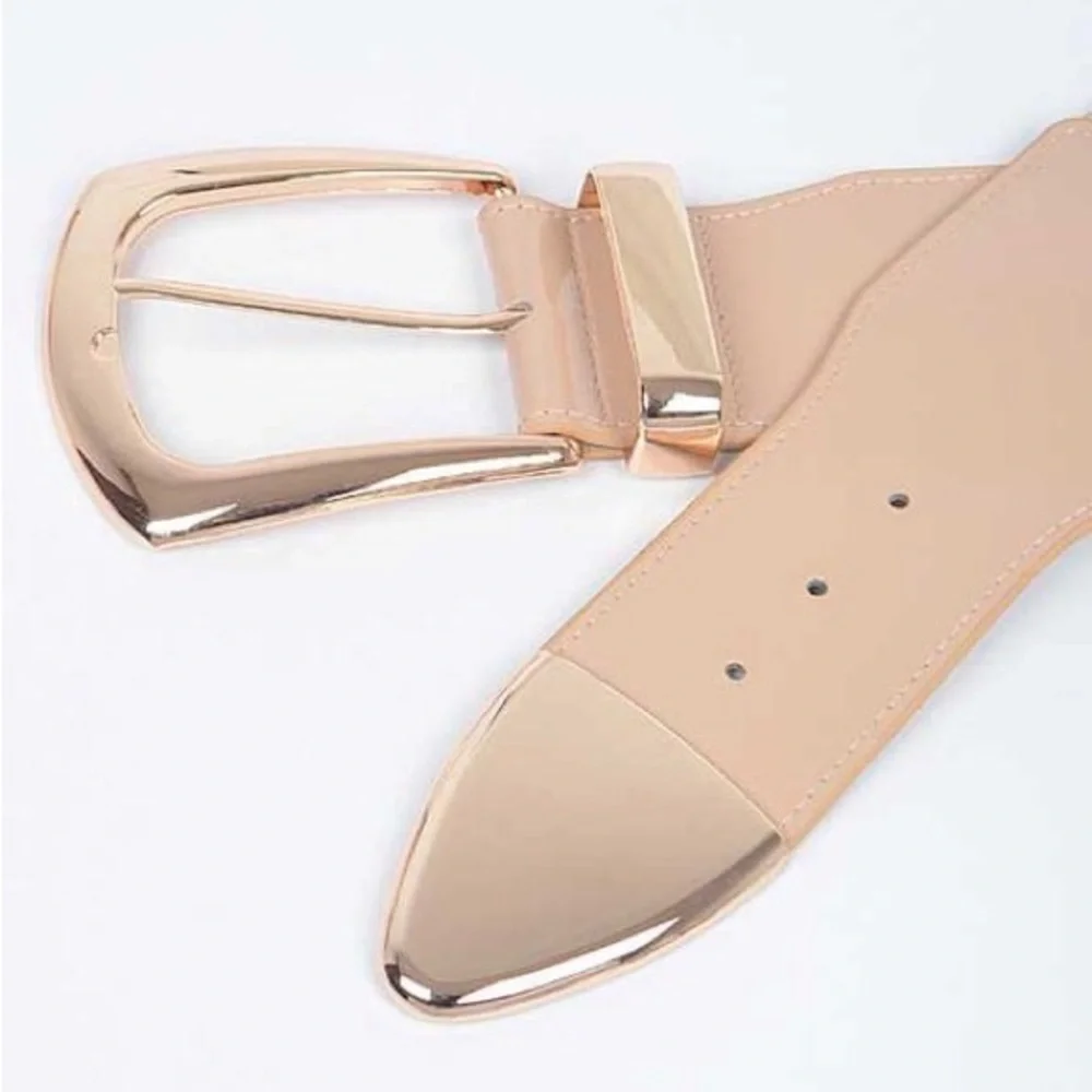 Plus Size Nude & Gold Metal Elastic Adjustable Statement Belt